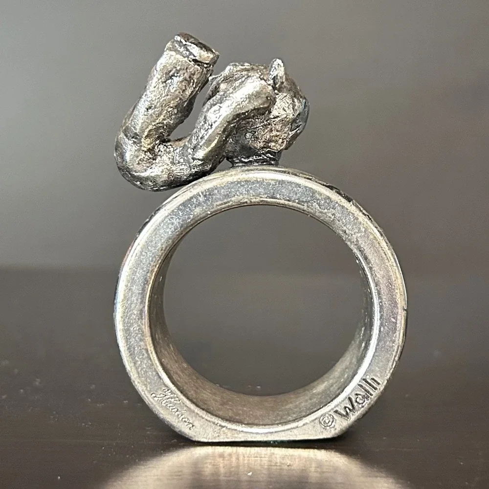 Hudson Walli Pewter Napkin Ring Brutalist Boy Playing Figurine Silver Tone USA